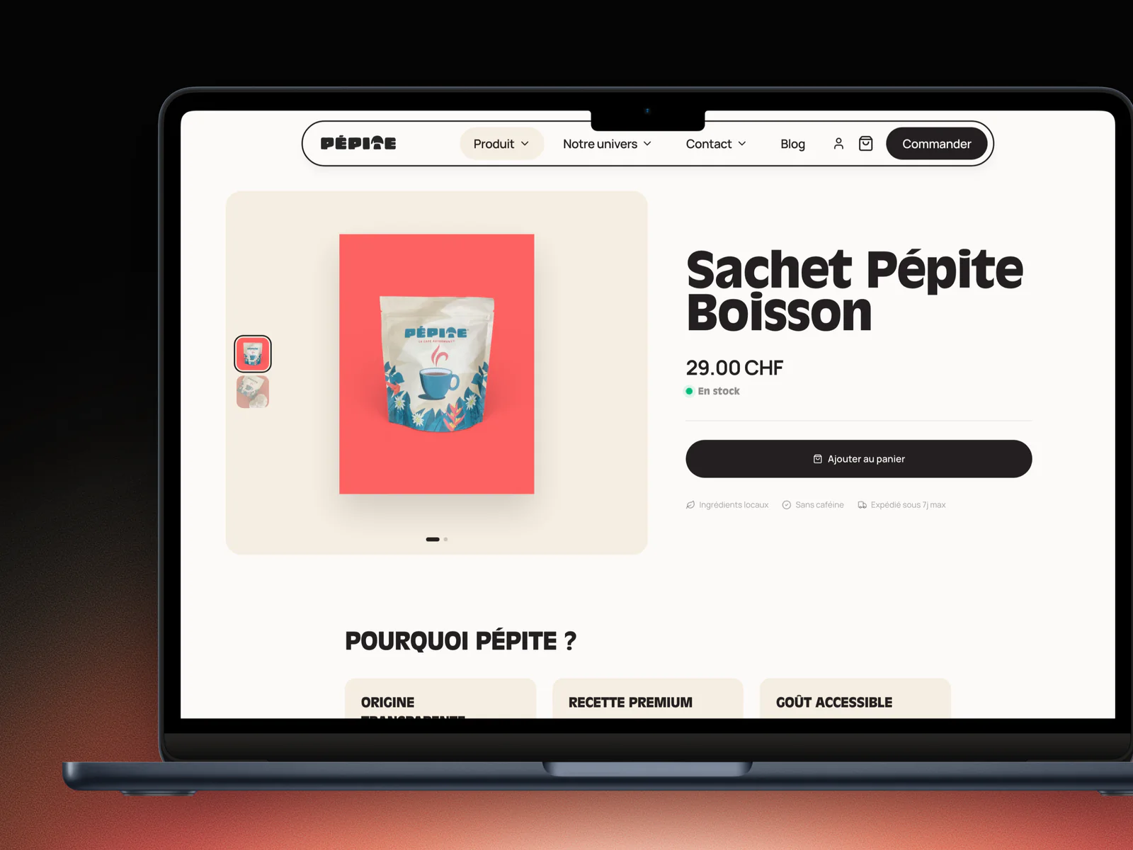Aperçu du site web réalisé pour Pépite Boisson