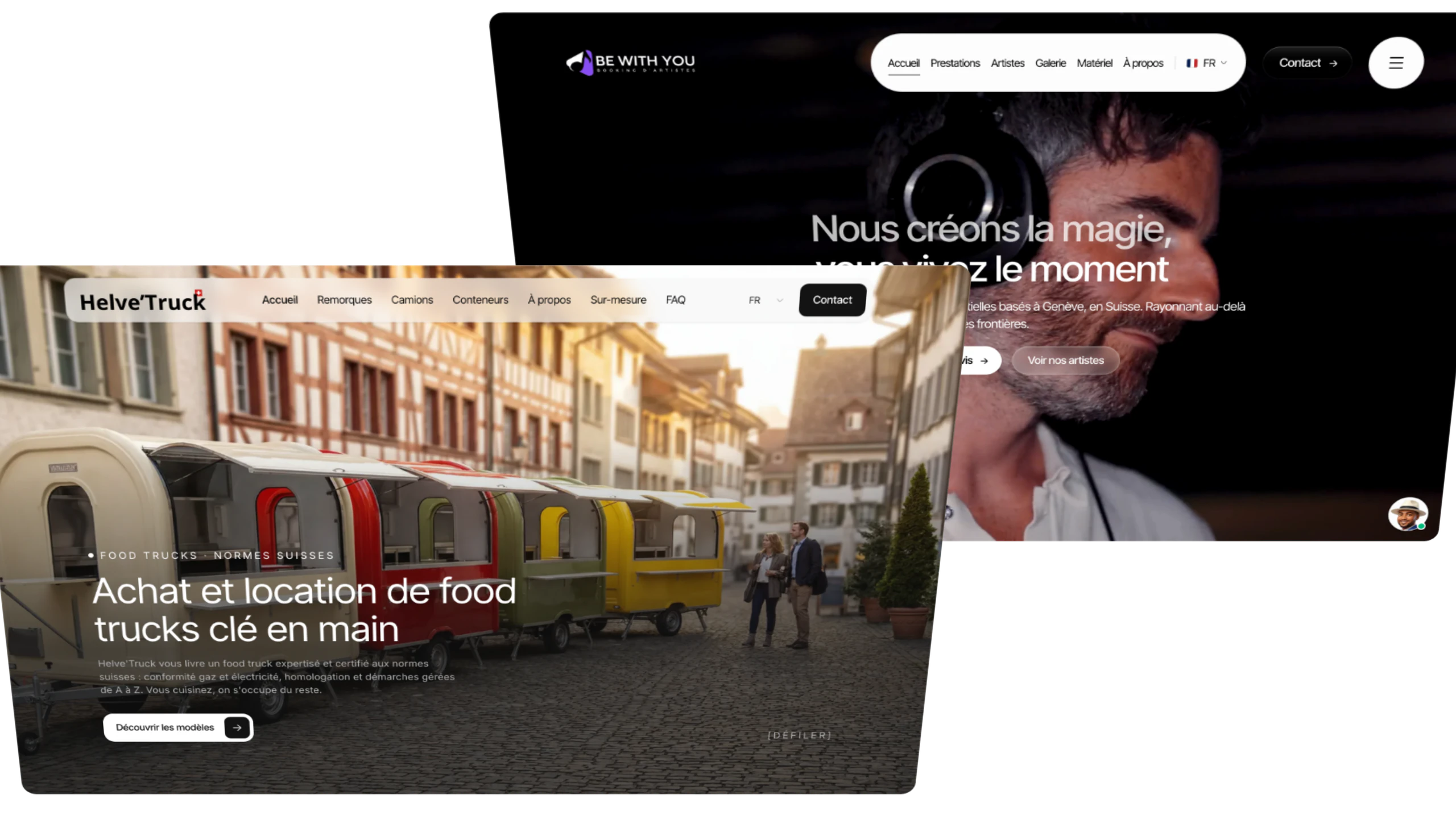 Deux sites vitrines réalisés par Bleeze : la page d'accueil de Helve'Truck, spécialiste du food truck, et celle de Be With You Events, agence événementielle